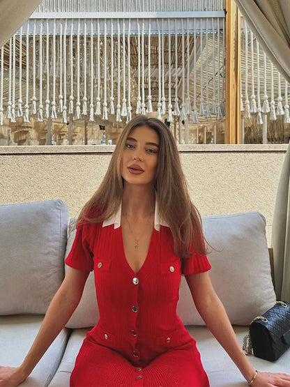 فستان أنيق للنساء بأكمام قصيرة وياقة أنيقة