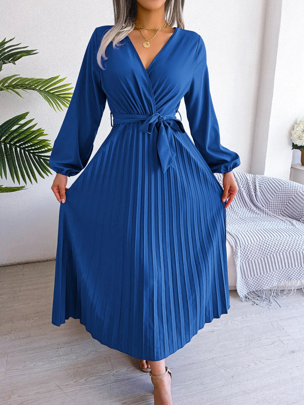 Women Elegant V Neck Long Sleeve Dress