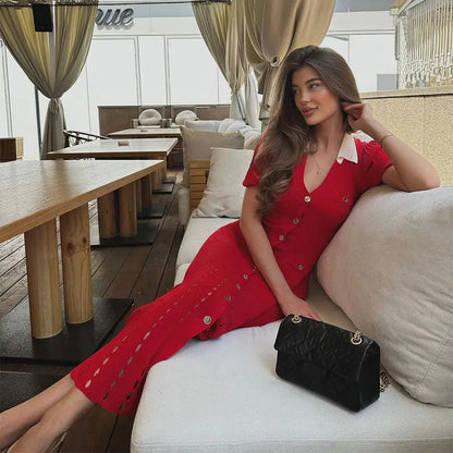 فستان أنيق للنساء بأكمام قصيرة وياقة أنيقة