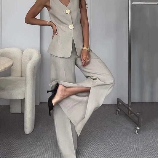 Two Piece Set Summer Office Vest Top with Wide Legs Pants