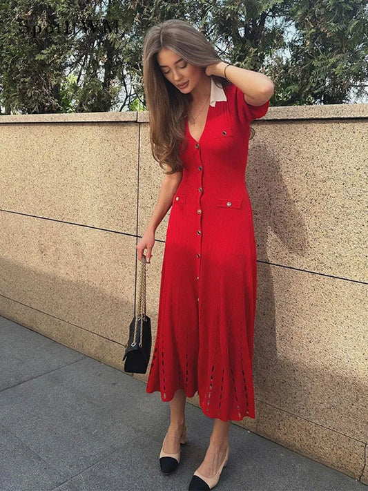 فستان أنيق للنساء بأكمام قصيرة وياقة أنيقة